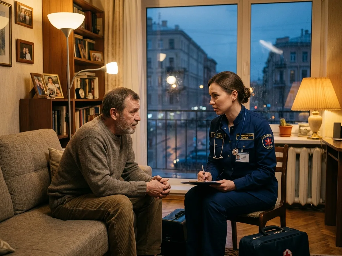 Врач-нарколог в тёмно-синей форме приходит к пациенту домой вечером в Санкт-Петербурге, тёплый свет квартиры, атмосфера доверия и профессионализма