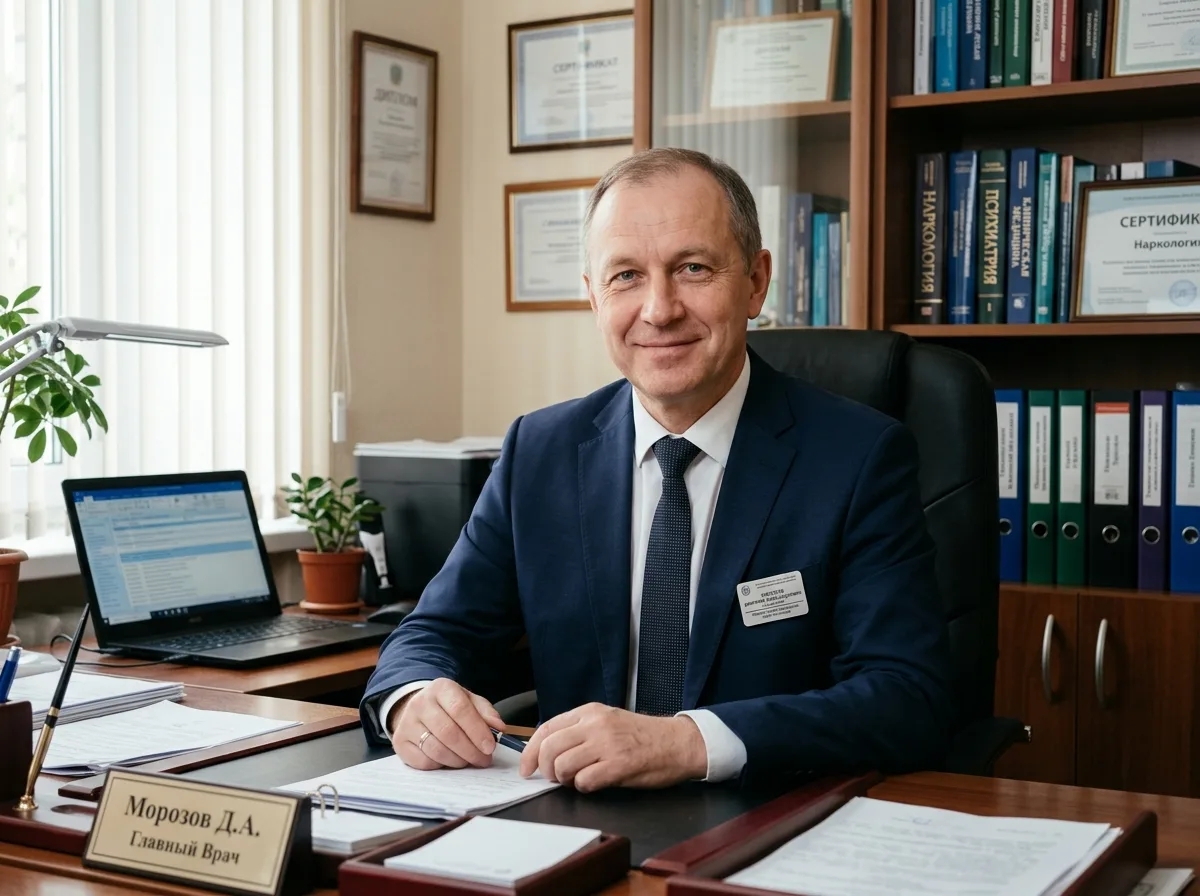 Портрет Морозов Дмитрий Александрович — главный врач наркологической клиники, строгий кабинет, профессиональная медицинская обстановка, доверительное выражение лица