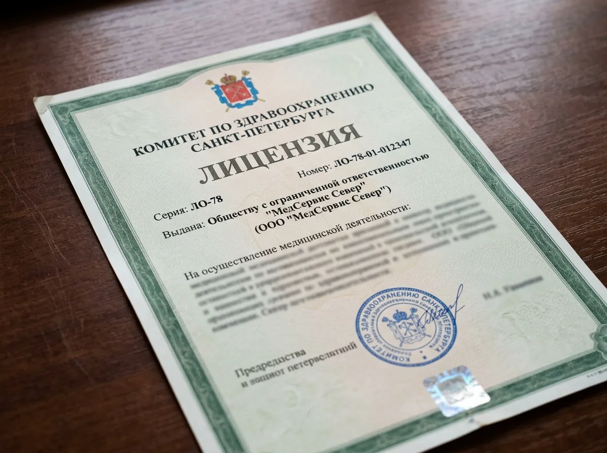 Лицензия на медицинскую деятельность ООО МедСервис Север номер ЛО-78-01-012347 выданная Комитетом здравоохранения Санкт-Петербурга, официальный бланк
